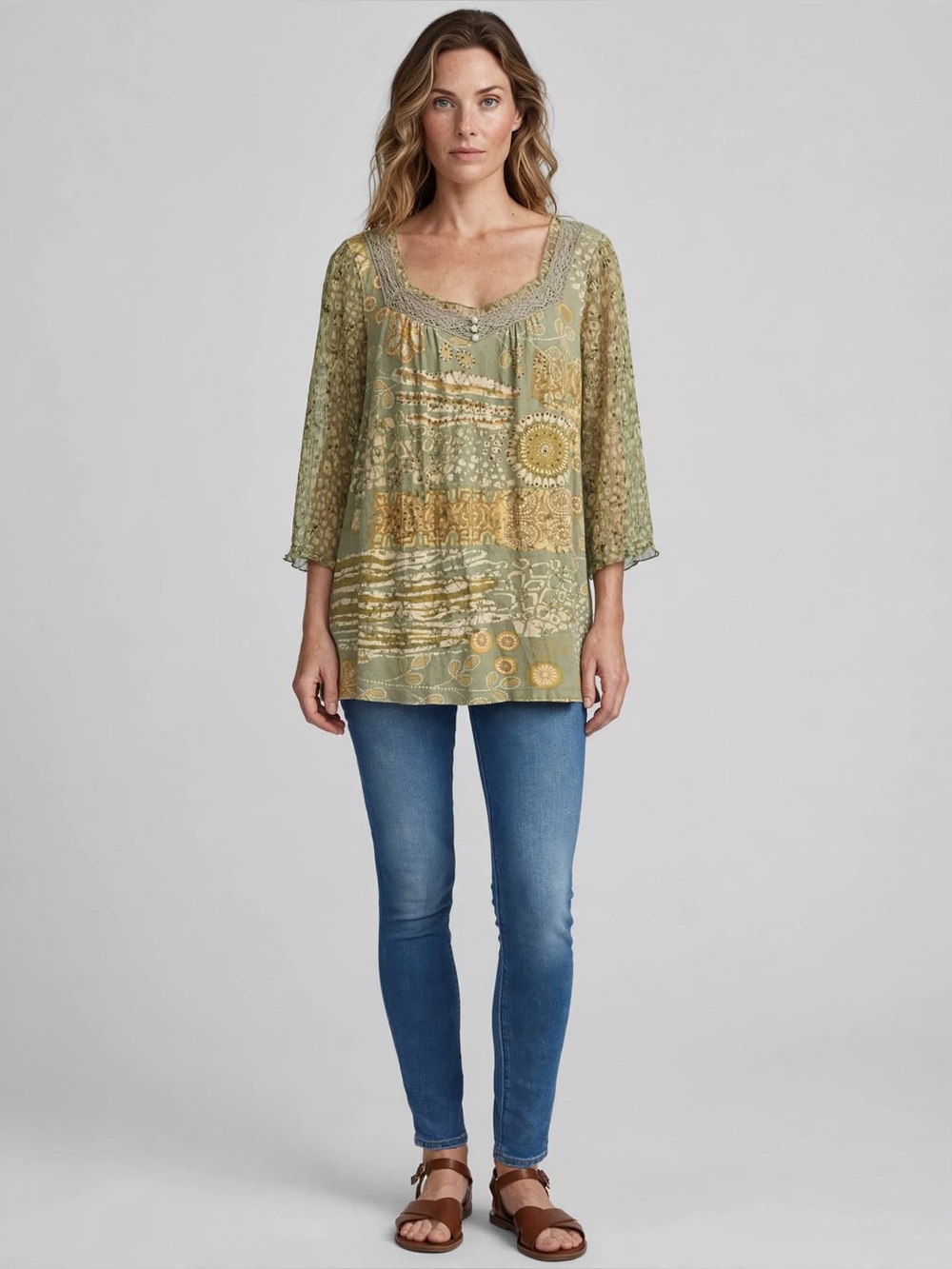 Caribbean Joe Olive Green and Gold Lace-Trim Tunic